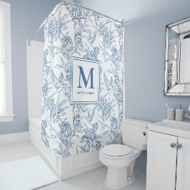 Cortina Para Box Toile de Jouy Monograma Azul Francês