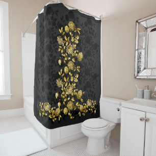 Cortina Para Box Toile floral Dourado cinzento preto