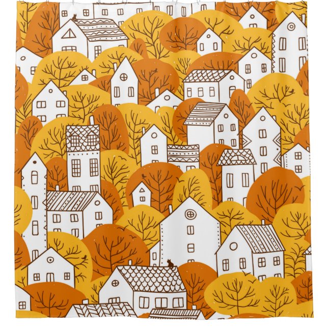 Cortina Para Box Trees and houses seamless pattern. Autumn, fall ci (Frente)
