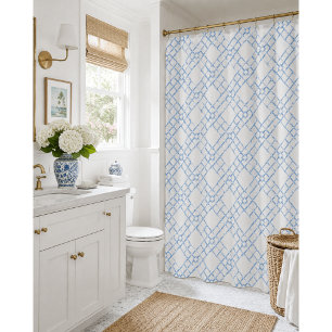 Cortina Para Box Trellis de Bambu Azul e Branco