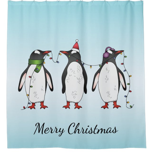 Cortina Para Box Três Pinguins De Natal Festivos Com Texto Personal (Frente)