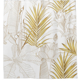 Cortina Para Box Tropical exotic floral line golden palm leaves and