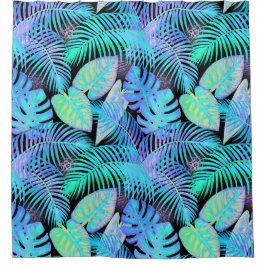 Cortina Para Box Tropical Neon Leaf Pattern on Black