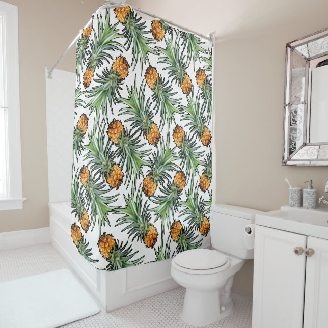 Cortina Para Box Tropical Pineapple Pattern on White (In Situ)