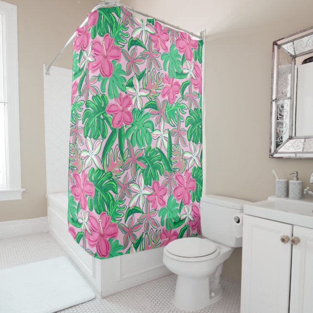 Cortina Para Box Tropical Pink White Flowers Palm Leaves Preppy (In Situ)