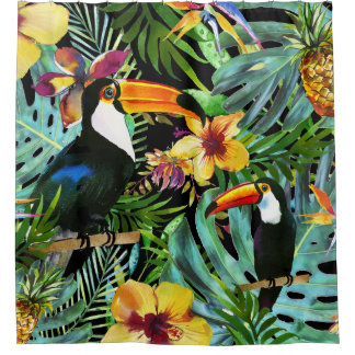 Cortina Para Box Tropical Toucan Paradise Palm Pineapple Modern
