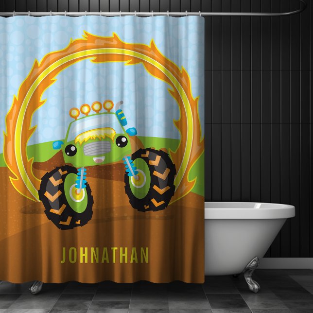 Cortina Para Box Truque de Monstro Verde de Menino Bonito Personali (Cute Boy Green Monster Truck Personalized Shower Curtain)