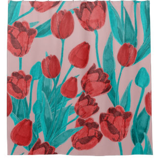 Cortina Para Box tulipas de primavera, padrão floral desenhado à mã