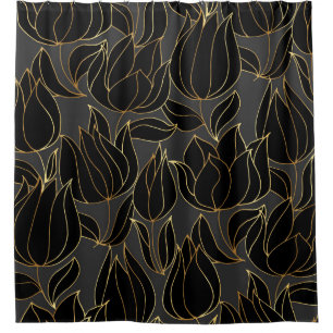 Cortina Para Box Tulipas Douradas Pretas: Padrão Floral de Luxo
