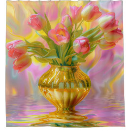 Cortina Para Box Tulipas Rosa Vibrantes em Vase Ouro
