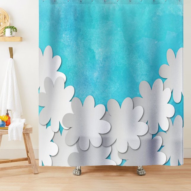 Cortina Para Box Turquesa Aquarela e Flores Brancas (Criador carregado)