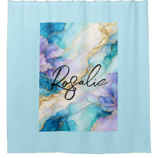 Cortina Para Box Turquesa Azul Roxo Dourado Mármore Floral Abstrato