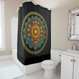 Cortina Para Box Turquoise Lotus Mandala - Black Boho Graphic Art