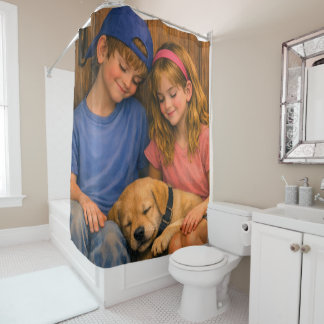 Cortina Para Box Two Children with Sleeping Puppy Shower Curtain