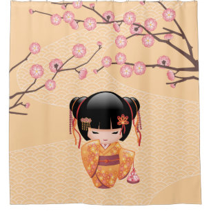 Cortina Para Box Ume Kokeshi Doll Japonesa Peach Geisha Girl Yellow
