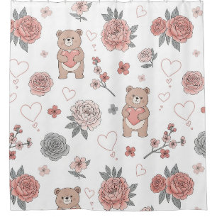 Cortina Para Box Urso Fofo e Corações -- Berçário Pastel (12)