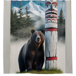 Cortina Para Box Urso Grizzly com Arte de Vida Selvagem Totem Pole
