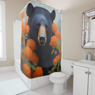 Cortina Para Box Urso Negro em flores laranja