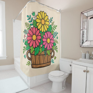 Cortina Para Box Vaso de Madeira Floral Alegre Retro