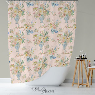 Cortina Para Box Vaso Floral Chinoiserie Rosa Bege Peônia Banho