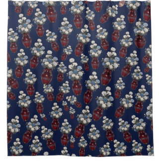 Cortina Para Box Vasos de Chrysathemums Chinoiserie Azul Naval