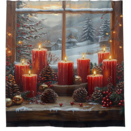 Cortina Para Box Velas Vermelhas de Natal Pinhas Vista de Inverno 