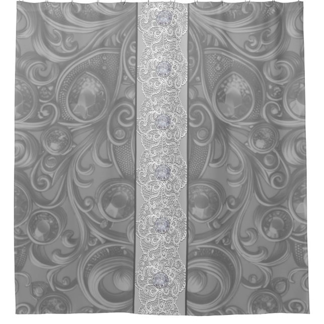 Cortina Para Box Veludo Cinza, Renda e Diamantes (Frente)