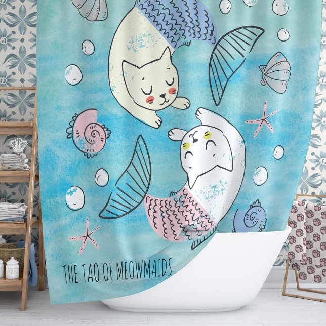 Cortina Para Box Verde Aquarela Tao das Meowmaids (Find your path to serenity with this inspiring shower curtain design featuring Cat mermaids.)