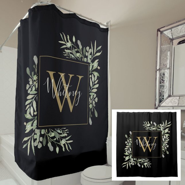 Cortina Para Box Verde Dourado preto Monograma Verde Floral (Black Gold Monogram Greenery Floral Shower Curtain)