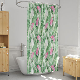 Cortina Para Box Verde-Flor Rosa Tropical