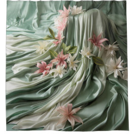 Cortina Para Box Verde, Névoa, Esfregões de Seda e Flores de Pinkis