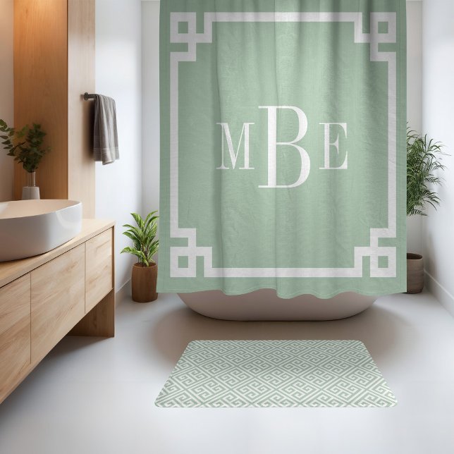 Cortina Para Box Verde Salvia e Chave Grega Branca | Monogramada (Criador carregado)