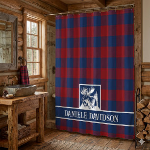 Cortina Para Box Vermelho Azul Buffalo Xadrez Alce Rústico Monogram