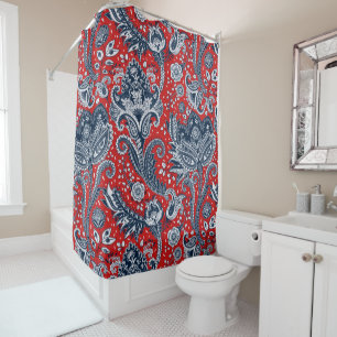 Cortina Para Box Vermelho Branco & Azul Floral Paisley Boêmio Boho