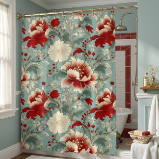 Cortina Para Box Vermelho, Creme e Verde Floral Chinoiserie