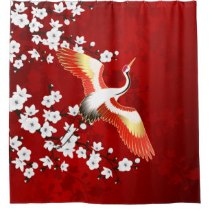 Cortina Para Box Vermelho de Flor Branca de Crane Japonesa