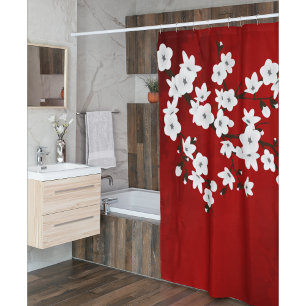 Cortina Para Box Vermelho Floral Branco Flor de Cerejeira Oriental