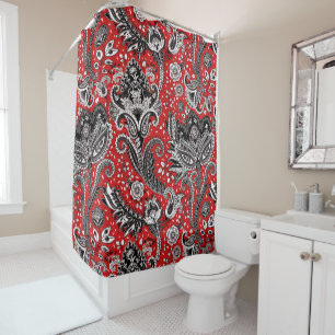 Cortina Para Box Vermelho Preto & Branco Floral Paisley Boêmio Boho