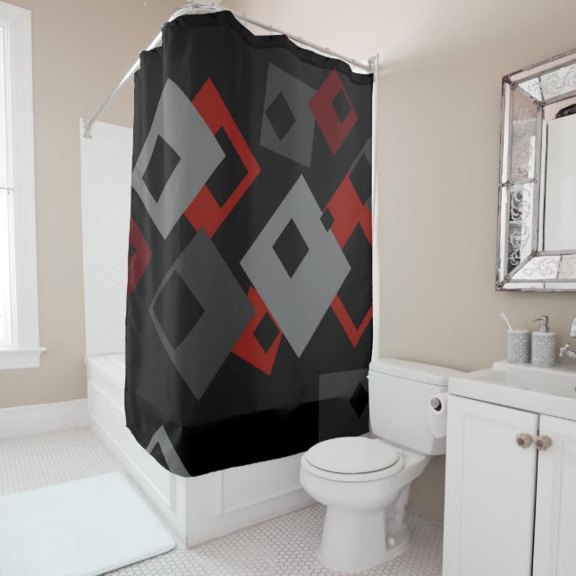 Cortina Para Box Vermelho preto e cinza geométrica (In Situ)