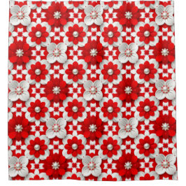 Cortina Para Box Vibrant Red And White Floral Pattern With Pearl