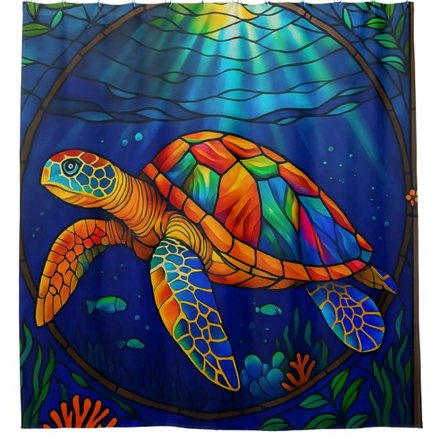 Cortina Para Box Vibrant Stained Glass Sea Turtle Ocean Design (Frente)