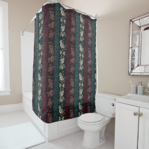 Cortina Para Box Victorian Vintage Floral Patterno Burgundy e Verde