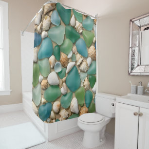 Cortina Para Box Vidro e Seashell do Mar Azul e Verde