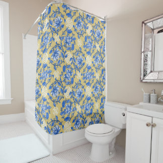 Cortina Para Box Vintage Blue e Dourada Chinoiserie Floral