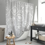 Cortina Para Box Vintage Cinza Carimbo Marítimo Náutico<br><div class="desc">Embarque numa aventura à beira-mar com esta cortina de chá inspirada na safra. A design apresenta carimbos náuticos em apuros que exibem tartarugas marinhas, âncoras, estrelas-do-mar e conchas em tons de Cinza quente, lembrando cartões postais de uma era passada. As cinzas criam uma atmosfera relaxante e convidativa para o seu...</div>