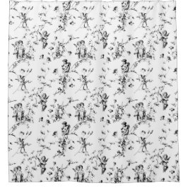 Cortina Para Box Vintage Cupid Angels Floral Black White Toile
