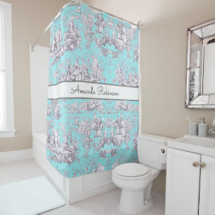 Cortina Para Box Vintage floral aqua azul toile de jouy monograma
