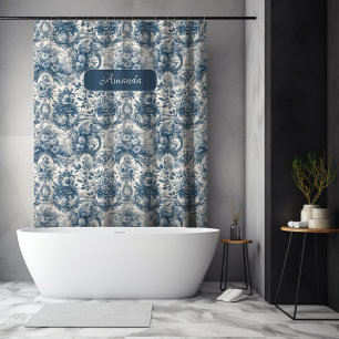 Cortina Para Box Vintage floral Toile de jouy monograma azul