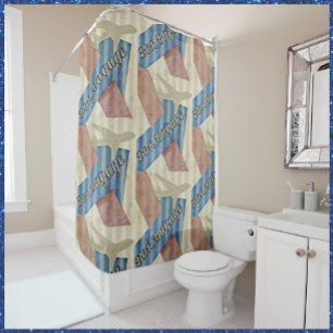 Cortina Para Box Vintage Look Beige Red & Blue Abstract Bon Voyage