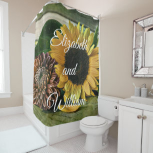 Cortina Para Box Vintage Sunflower Watercolor em uma Mesa de madeir
